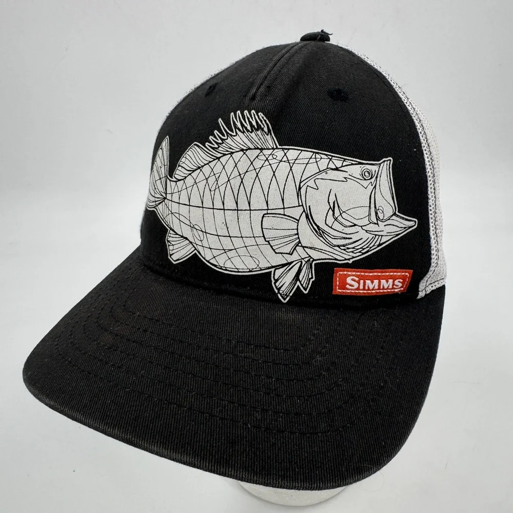 Simms Fishing Products Trucker Hat Mens OSFA Black White Bass Fish Snapback - Picture 1 of 9